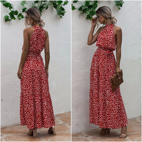 Boho Red Dalmatian dot belted halter maxi dress - Picture 3 of 4